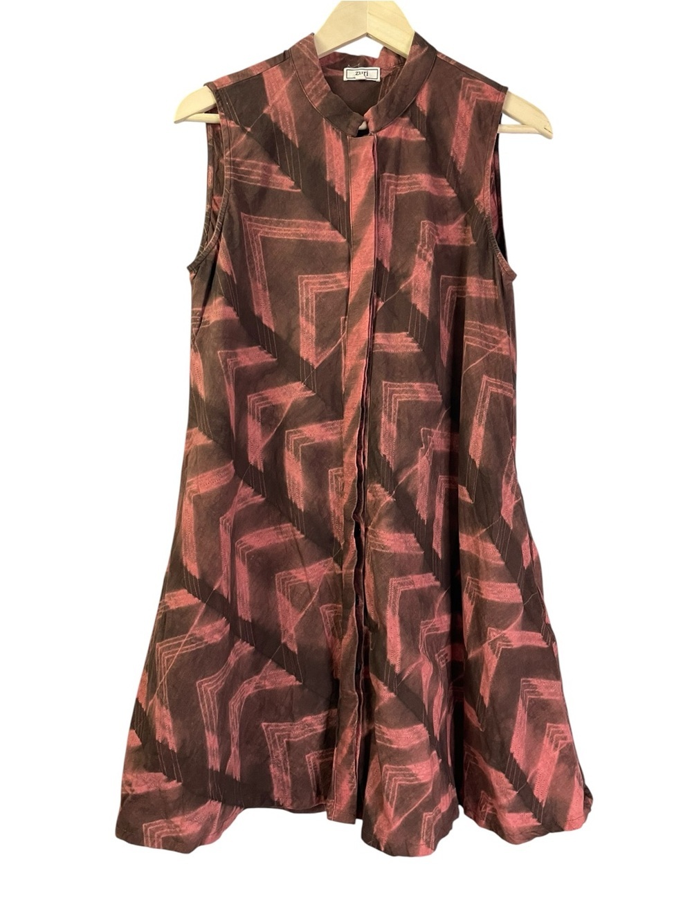 Zuri Kenya Flux Brown Kitenge Patterned Dress Sleeveless Just One Button Front S